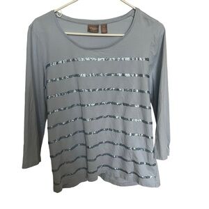Chico's Women's Sequin Stripe Blouse Top 3/4 Sleeve‎ Pullover Blue Size 1 US M 8